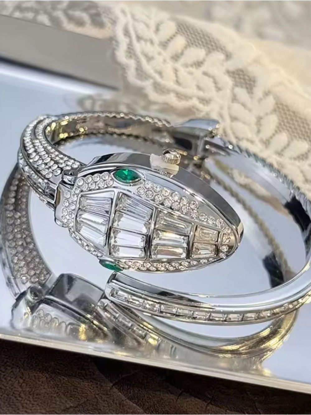 Silver Serpent Crystal Hinged Bangle Bracelet with Green Accents watch